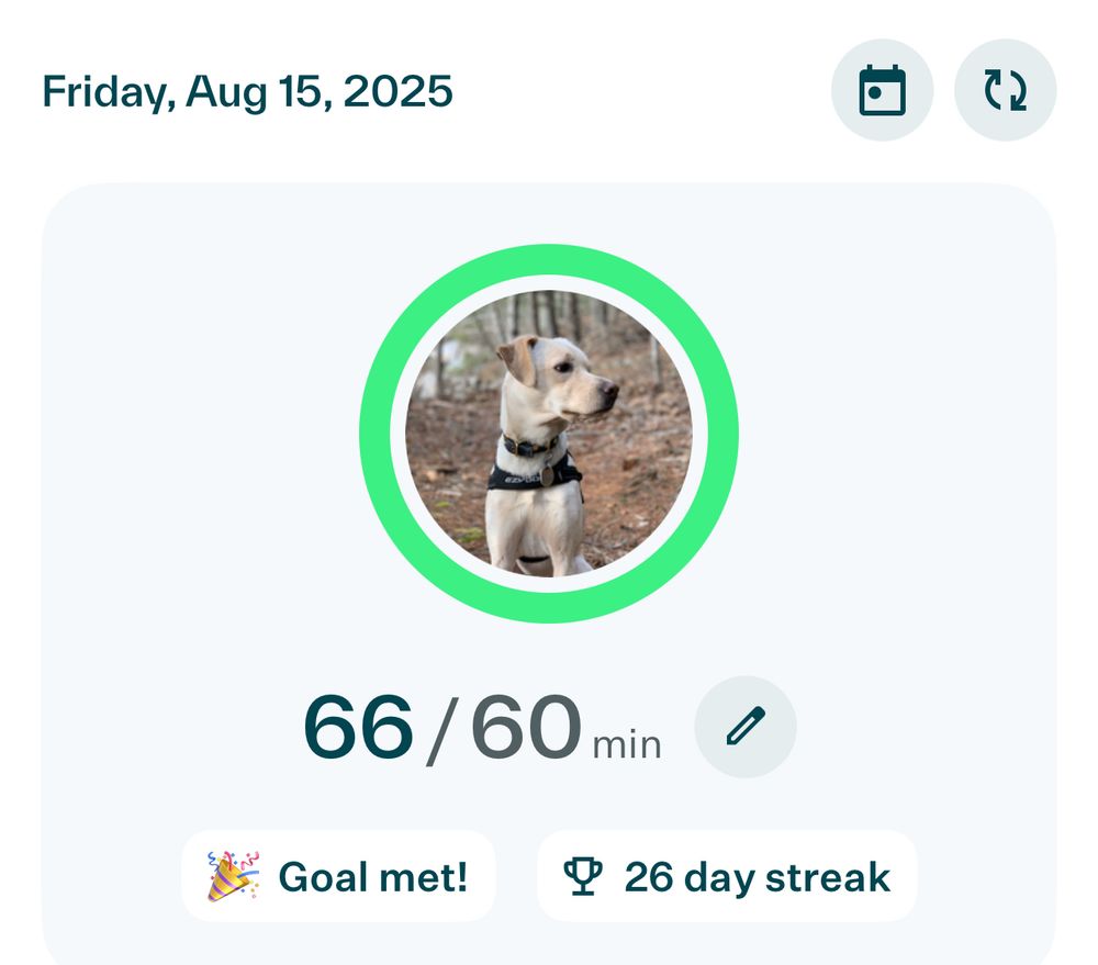 Friday, August 15, 2025 A picture of a dog in a circle with a green border 66/60 min Goal met! 26 day streak 