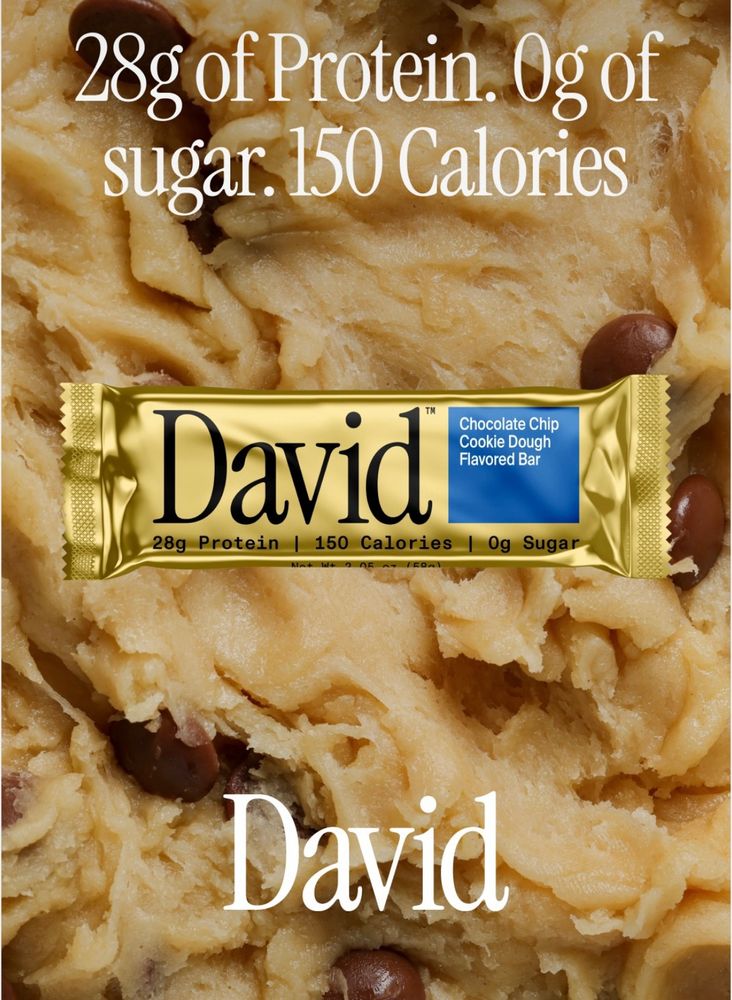 An advertisement for a chocolate chip cookie dough-flavored protein bar, with the brand name “David”.