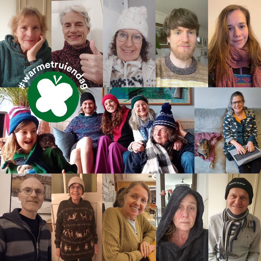 Foto collage van mensen met een warme trui aan. Vlinder embleem van Partij voor de Dieren met daarboven de tekst '#warmetruiendag'.
