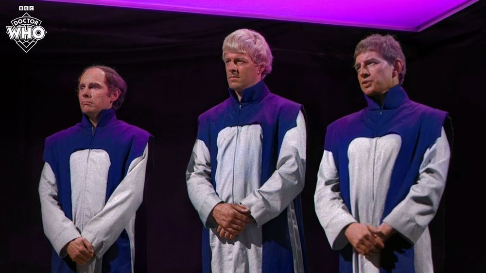 Three Time Lords from the end of the Doctor Who adventure THE WAR GAMES
