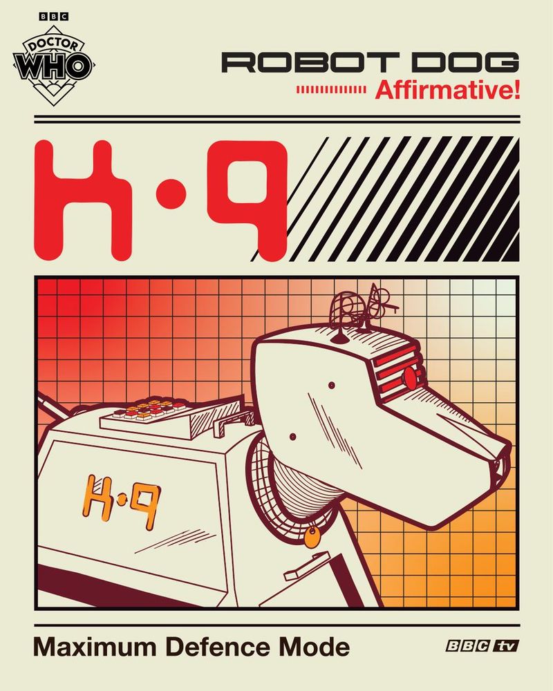 Illustration of K-9, the robotic dog from Doctor Who, set against a red-to-orange gradient grid background. The robot is labeled 'K-9' in red text at the top and on its side. Additional text includes 'ROBOT DOG,' 'Affirmative!,' and 'Maximum Defence Mode.' The BBC TV logo is also visible.