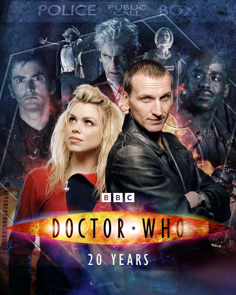 A graphic depicting the Ninth Doctor (Christopher Eccleston) and Rose Tyler (Billie Piper) with them both back to back, with the Doctor Who logo in front of them below, the iconic taxi cab DOCTOR WHO logo, and 20 years written in the font Deviant Strain. Behind them are the silhouettes of Doctors who came after, the Tenth Doctor (David Tennant), the Eleventh Doctor (Matt Smith), the Twelfth Doctor (Peter Capaldi), the Thirteenth Doctor (Jodie Whittaker) and the Fifteenth Doctor (Ncuti Gatwa)