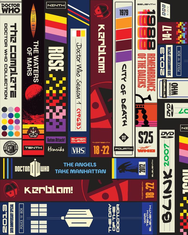 A collection of Doctor Who-themed VHS and DVD spines arranged vertically and horizontally. Titles include "The Complete Doctor Who Collection," "The Waters of Mars," "Rose," "Doctor Who Season 1 (1963)," "Kerblam!," "City of Death," "Remembrance of the Daleks," and more. Each spine features unique artwork, logos, and text related to the Doctor Who series.