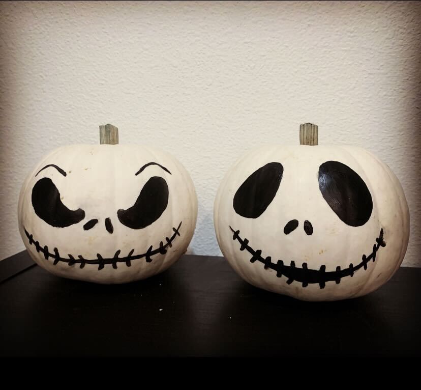 Pumpkins painted like the skeleton from The Nightmare Before Christmas
