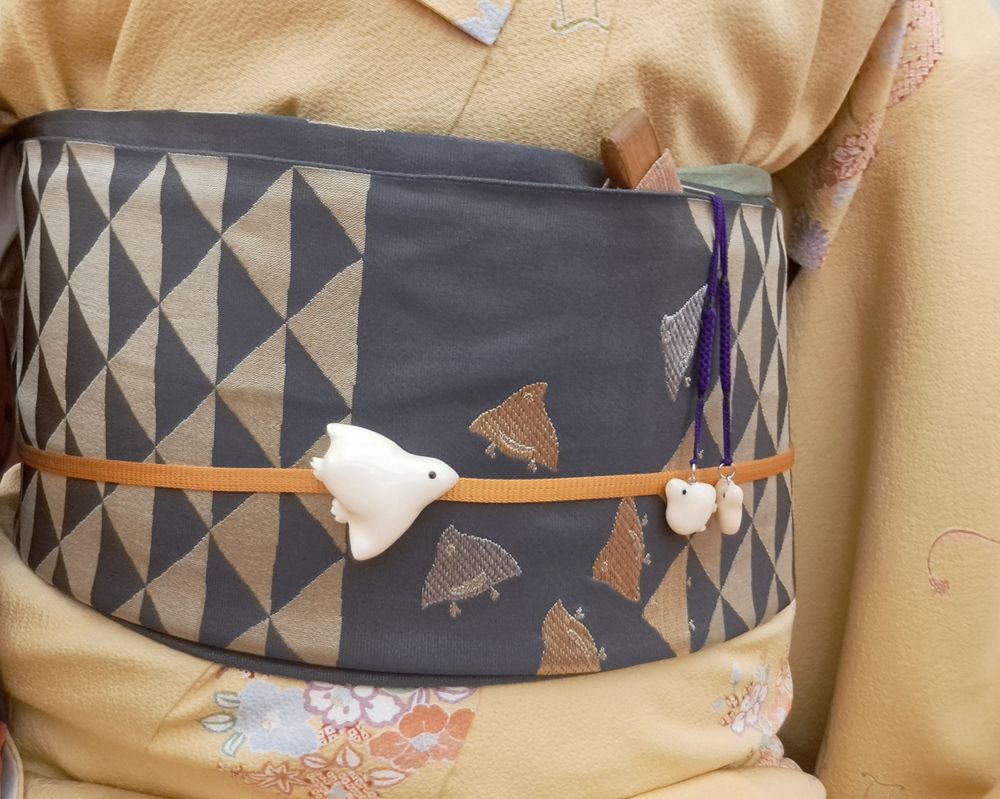 鱗千鳥文袋帯、友禅小紋