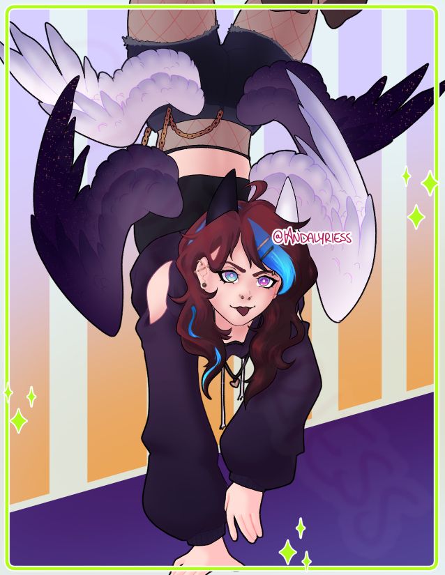 Half body illustration of a character called Elysium performing a handstand. She has four wings, two black and two white, asymmetrical. She wears a purple sweater with shoulder holes, and is wearing shorts overtop of fishnets. She has brown hair with blue streaks.