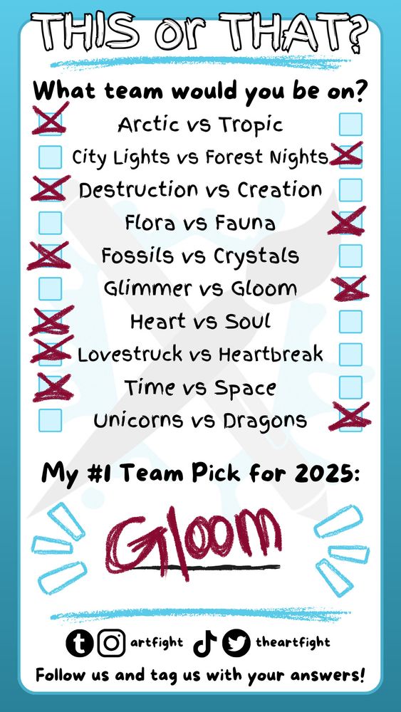 A white page is displayed with a dark cyan border. A title outlined in black can be seen at the top of the page. It reads: "This or That?"
Beneath the title, a sub-title in black can be seen. It reads: "What team would you be on?"

Team options are listed below:
- Arctic vs Tropic, Arctic is selected
- City Lights vs Forest Nights, Forest Nights is selected
- Destruction vs Creation, Destruction is selected
- Flora vs Fauna, Fauna is selected
- Fossils vs Crystals, Fossils is selected
- Glimmer vs Gloom, Gloom is selected
- Heart vs Soul, Heart is selected
- Lovestruck vs Heartbreak
- Time vs Space, Time is selected
- Unicorns vs Dragons, Dragons is selected

Beneath the listed teams, text can be seen. It reads: "My #1 Team Pick for 2025:" 
Gloom is listed. 

At the bottom of the image, text reads: "Follow us and tag us with your answers!"