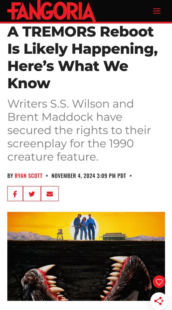 Screenshot of a Fangoria article headline: "A Tremors Reboot Is Likely Happening, Here's What We Know," explaining that the original creators of the film have regained the rights to it and can make more movies in that universe again.