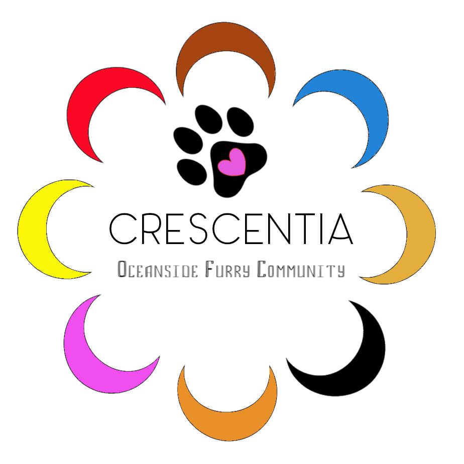 A paw logo with a pink heart within. You can see 8 crescent moons, each a different color,arranged around the logo in a flower petal pattern. Below the paw, is written “Crescentia, Oceanside Furry Community”.
