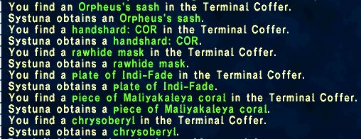 Screenshot showing loot drops from the AMAN Trove battlefield in FFXI, focusing on an item called Orpheus's sash.