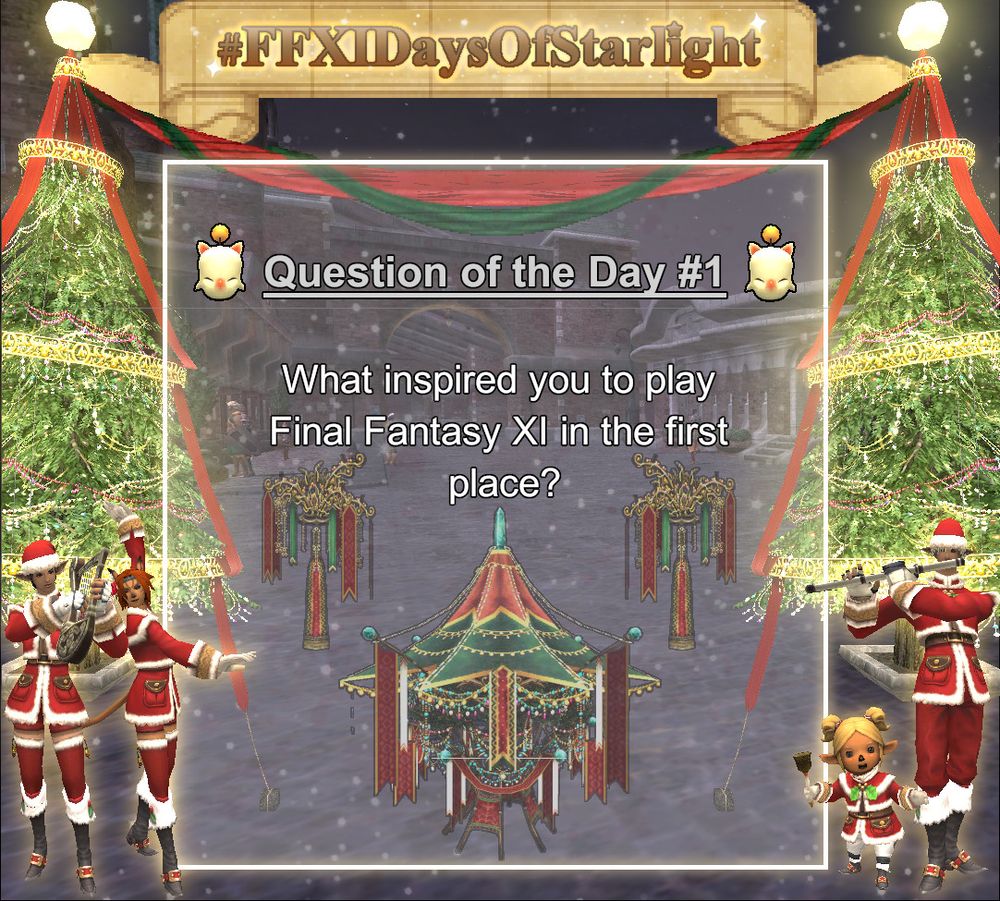 Image for the first FFXI Days of Starlight Quetion of the Day: What inspired you to play Final Fantasy XI in the first place? In the image there are player characters from FFXI dressed in Starlight-themed outfits playing instruments, surrounded by festively decorated pine trees. 