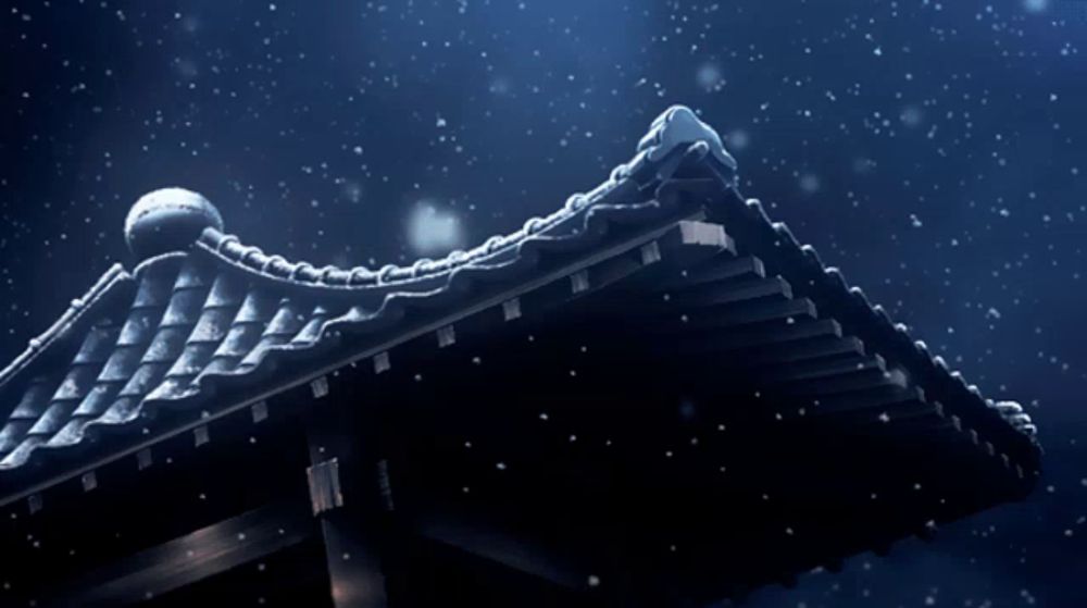 a roof with snow falling on it in a dark room