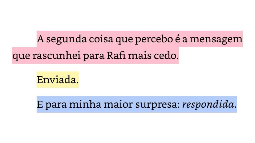A segunda coisa que percebo é a mensagem que rascunhei para Rafi mais cedo.
Enviada.
E para minha maior surpresa: respondida.