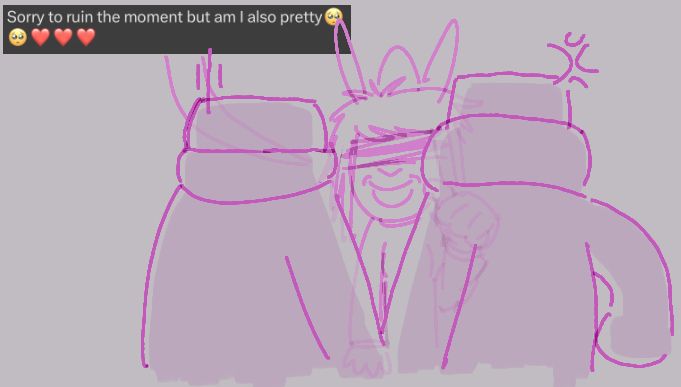 The two girls turn so their backs are facing the screen. A person pops up with a black blindfold, bunny ears and smirk on asks "Sorry to ruin the moment but am I also pretty 🥺🥺❤️❤️❤️" The girl on the left is disappointed, and the girl on the right is angry at the intruder.