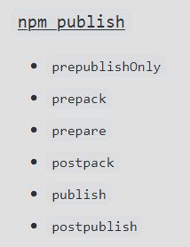 npm publish
- prepublishOnly
- prepack
- prepare
- postpack
- publish
- postpublish
