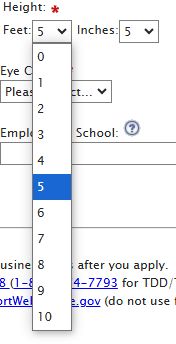 Screen shot of a height entry form implemented as two drop-downs. The 'Feet' field ranges from zero (0) to ten (10) feet.