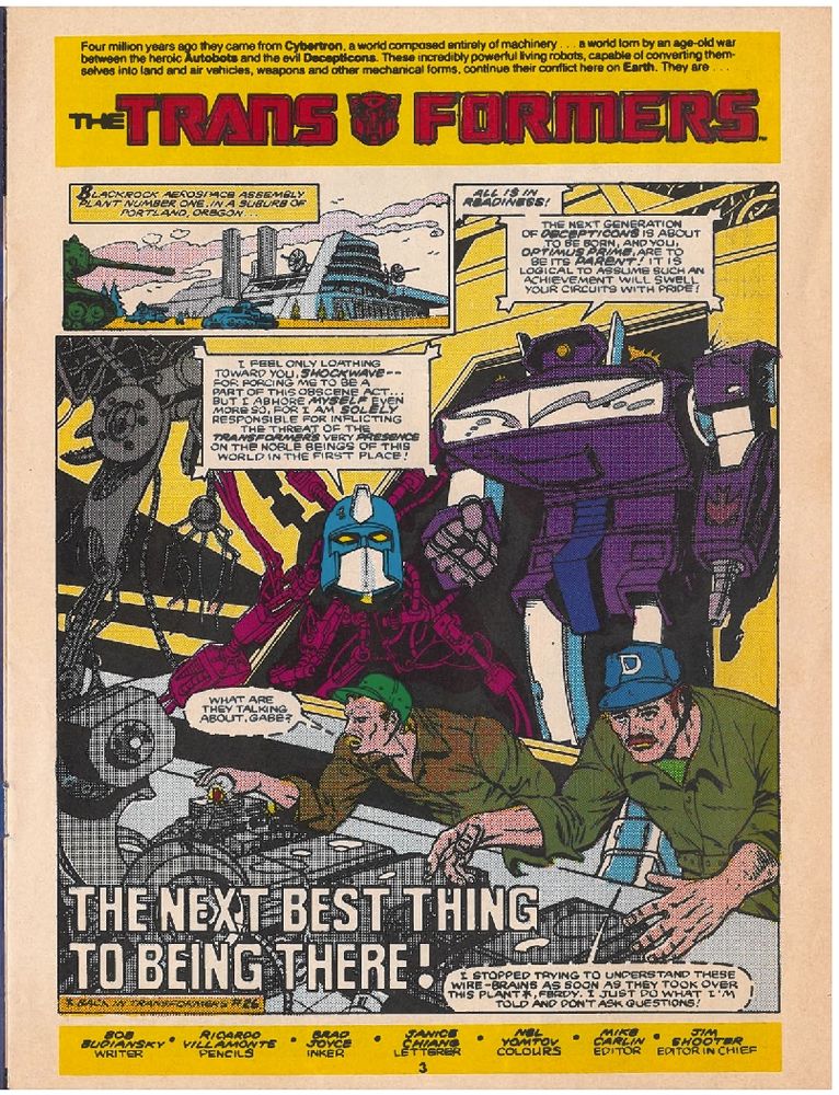 Page 3 of The Transformers issue 35, first page of "the next best thing to being there!" story with art by Ricardo Villamonte.