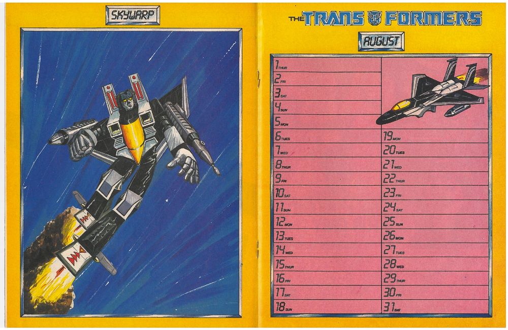 The Transformers UK August 1985 calendar published in issue 23. Featuring Skywarp. 