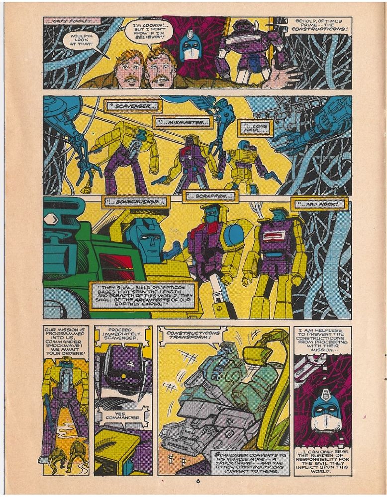 Page 6 of The Transformers issue 35, the constructicons are created; art by Ricardo Villamonte.
