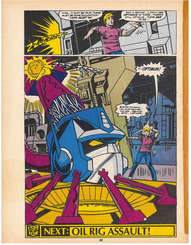 Back cover of issue 23 of The Transformers. The big 'reveal' Optimus Prime's head removed from his body. 