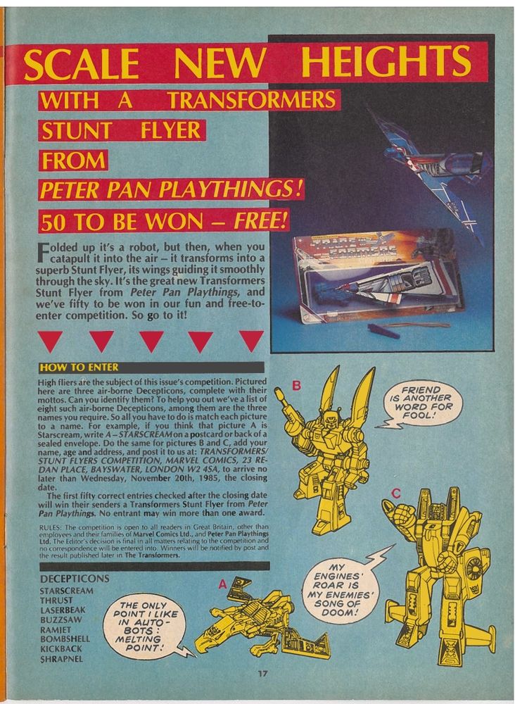 Page 17 of The Transformers issue 33 containing a competition to win a Transformers Stunt Flyer by Identifying the airborne Decepticons pictured, can you? 