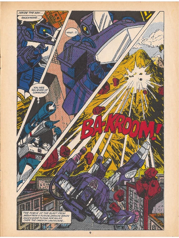 As close as we get to an ariel battle, Megatron blasts shockwave through the side of Mount St. Hilary on page 9 of this issue. 