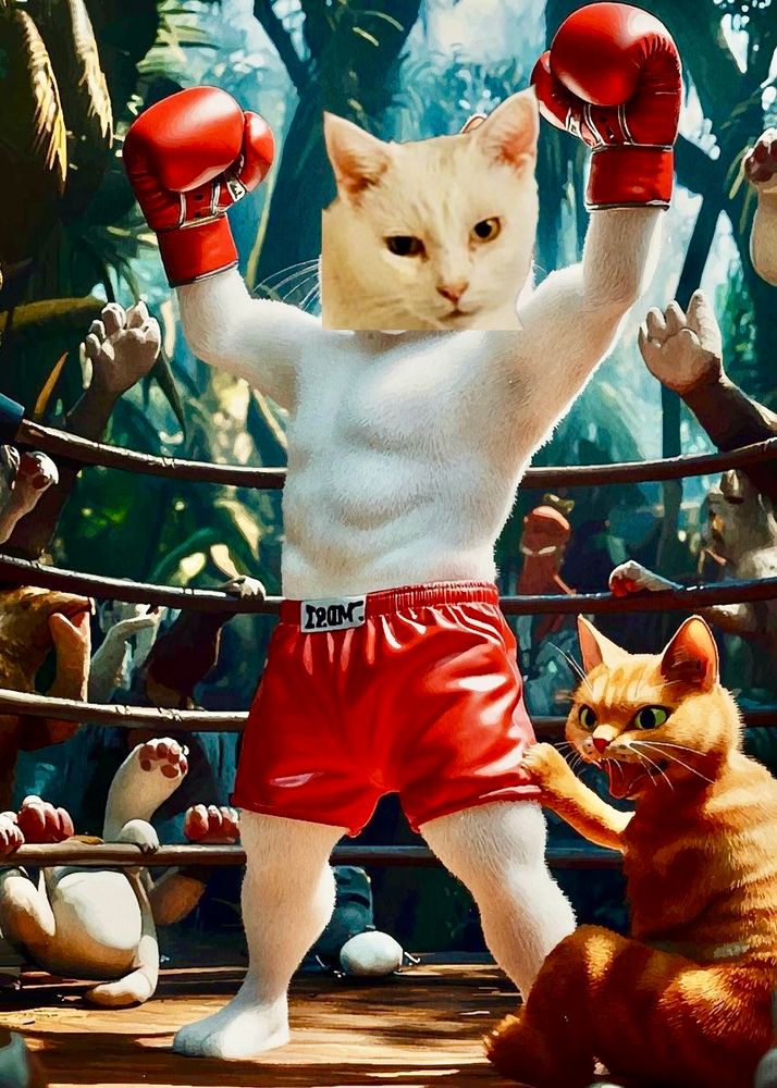 Auggie, a white middleweight cat in boxing shorts celebrating his win in the rumble on the patio jungle with another cat! 