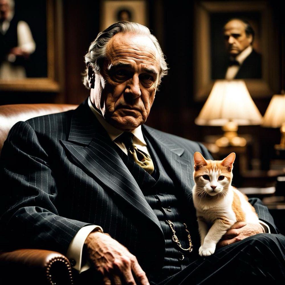 Don Corleone with one of his favorite goodefellows, an orange and white cat.