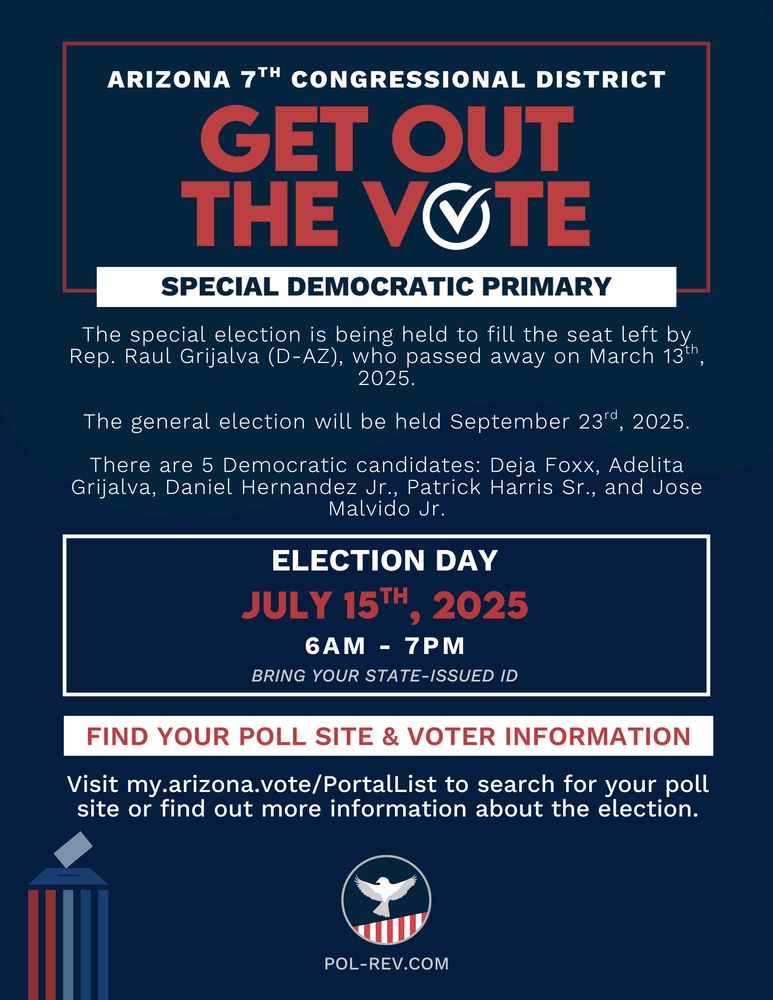 Text reads: Arizona 7th Congressional District, Get Out the Vote, Special Democratic Primary. The special election is being held to fill the seat left by Rep. Raul Grijalva (D-AZ), who passed away on March 13th, 2025. The general election will be held September 23rd, 2025. There are 5 Democratic candidates: Deja Foxx, Adelita Grijalva, Daniel Hernandez Jr., Patrick Harris Sr., and Jose Malvido Jr. Election Day: July 15th, 2025, 6am-7pm. Bring your state-issued ID. Find your poll site and voter information. Visit my.arizona.vote/PortalList to search for your poll site or find out more information about the election. PolRev Logo with the website pol-rev.com is on the bottom of the page, next to an image of a ballot going into a box.