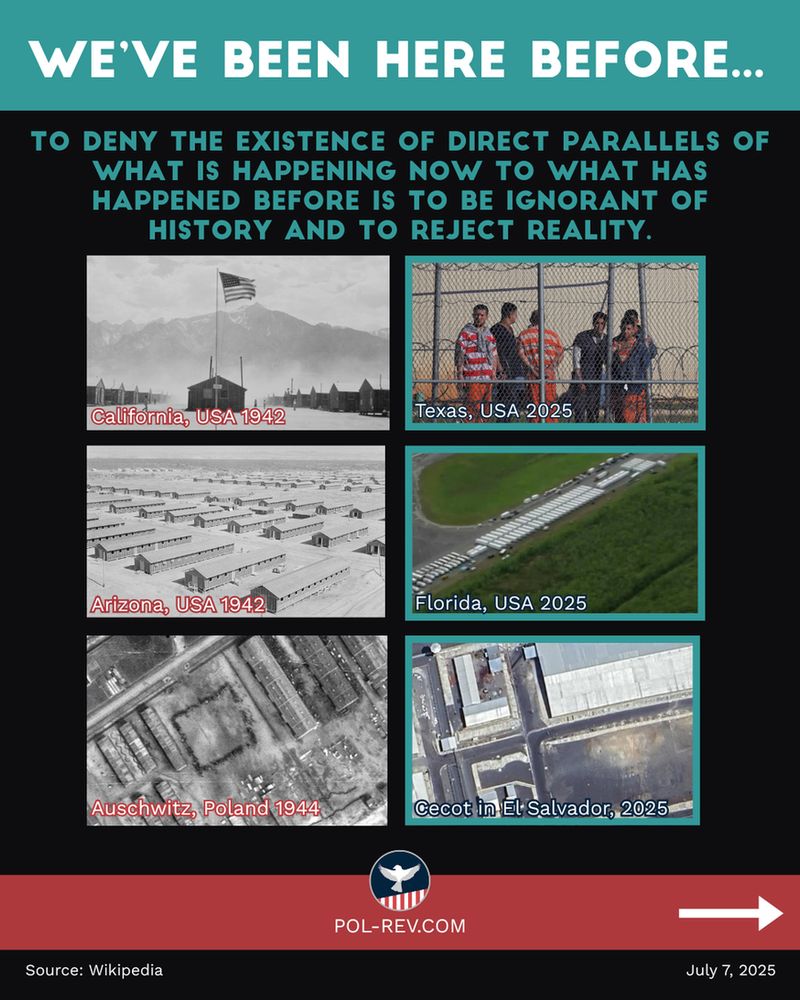 This slide compares images of concentration camps from the 1940s to those in 2025. Title reads: we’ve been here before... Subheading reads: To deny the existence of direct parallels of what is happening now to what has happened before is to be ignorant of history and to reject reality. Three images on the left side show camps from California (1942), Arizona (1942), and Auschwitz (1944). The images compared to them on the right are from Texas (2025), Florida (2025), and CECOT in El Salvador (2025). Image Source: Wikipedia