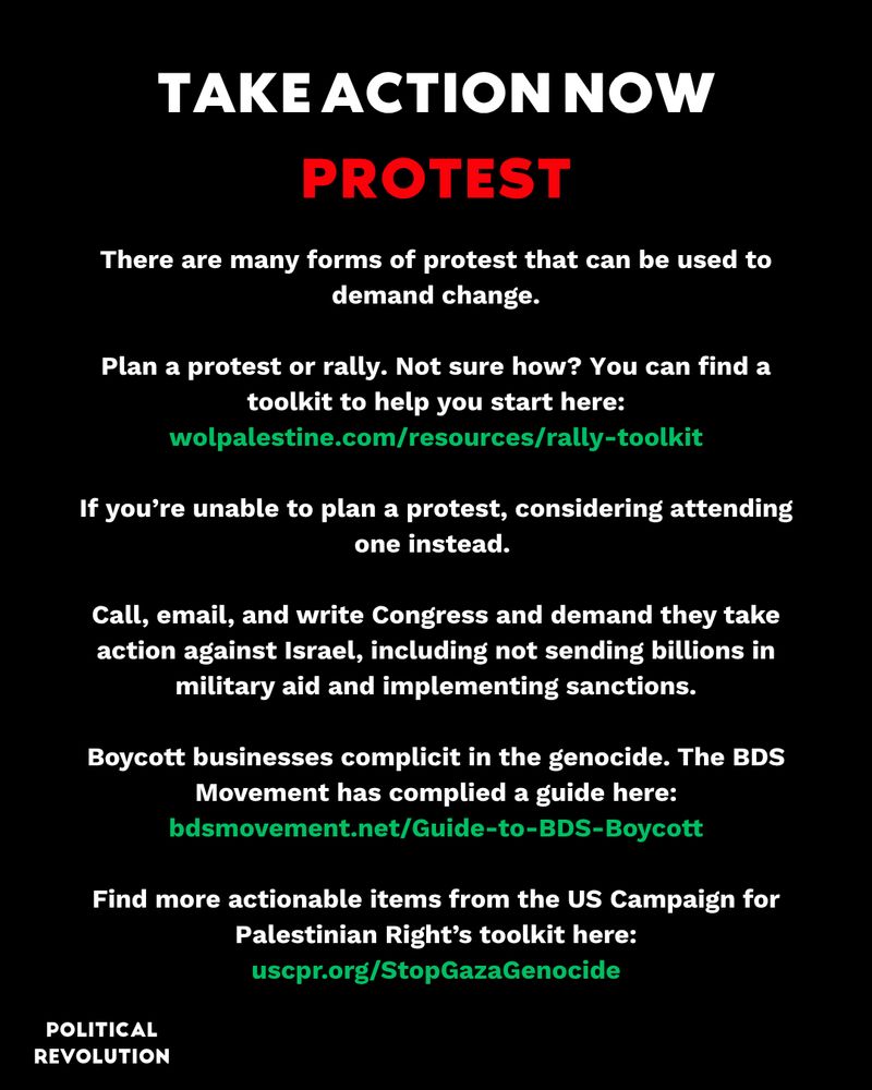 Take action now: Protest. There are many forms of protest that can be used to demand change. Plan a protest or rally. Not sure how? You can find a toolkit to help you start here: wolpalestine.com/resources/rally-toolkit. If you’re unable to plan a protest, considering attending one instead. Call, email, and write Congress and demand they take action against Israel, including not sending billions in military aid and implementing sanctions. Boycott businesses complicit in the genocide. The BDS Movement has complied a guide here: bdsmovement.net/Guide-to-BDS-Boycott. Find more actionable items from the US Campaign for Palestinian Right’s toolkit here: uscpr.org/StopGazaGenocide