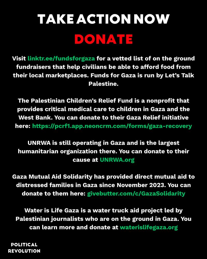 Take action now: Donate. Visit linktr.ee/fundsforgaza for a vetted list of on the ground fundraisers that help civilians be able to afford food from their local marketplaces. Funds for Gaza is run by Let’s Talk Palestine. The Palestinian Children’s Relief Fund is a nonprofit that provides critical medical care to children in Gaza and the West Bank. You can donate to their Gaza Relief initiative here: https://pcrf1.app.neoncrm.com/forms/gaza-recovery. UNRWA is still operating in Gaza and is the largest humanitarian organization there. You can donate to their cause at UNRWA.org. Gaza Mutual Aid Solidarity has provided direct mutual aid to distressed families in Gaza since November 2023. You can donate to them here: givebutter.com/c/GazaSolidarity. Water is Life Gaza is a water truck aid project led by Palestinian journalists who are on the ground in Gaza. You can learn more and donate at waterislifegaza.org