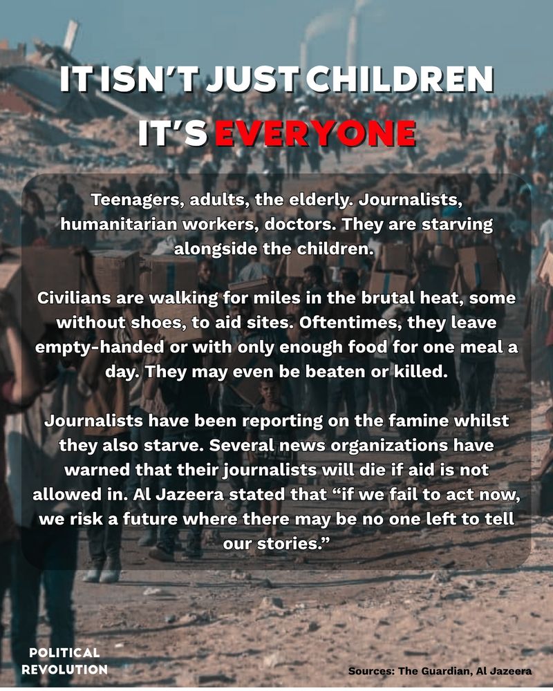 The background image is of hundreds of Gazans walking from an aid site, some of whom are carrying aid boxes. The text reads: It isn't just children, it's everyone. Teenagers, adults, the elderly. Journalists, humanitarian workers, doctors. They are starving alongside the children. Civilians are walking for miles in the brutal heat, some without shoes, to aid sites. Oftentimes, they leave empty-handed or with only enough food for one meal a day. They may even be beaten or killed. Journalists have been reporting on the famine whilst they also starve. Several news organizations have warned that their journalists will die if aid is not allowed in. Al Jazeera stated that “if we fail to act now, we risk a future where there may be no one left to tell our stories.” Sources: The Guardian, Al Jazeera