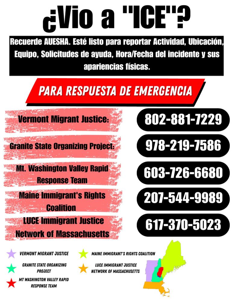 A list of phone numbers and info in Spanish for when ICE activity is observed in NH, VT or MA.
