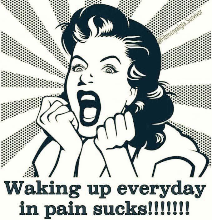 Black and white comic-style illustration of a distressed woman with an exaggerated expression, clenching her fists near her face. Radiating lines in the background emphasize her emotional state. Text at the bottom reads, 'Waking up everyday in pain sucks!!!!!!' The Instagram handle '@fibromyalgia_survivor' appears in the top right corner.