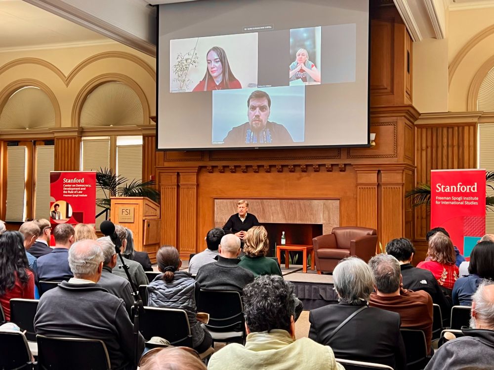 Oleksandra Matviichuk, Oleksiy Honcharuk, Serhiy Leshchenko, and Oleksandra Ustinova joined moderator Michael McFaul via Zoom for the event "Three Years of War: Updates from Ukraine" in front of a live audience.