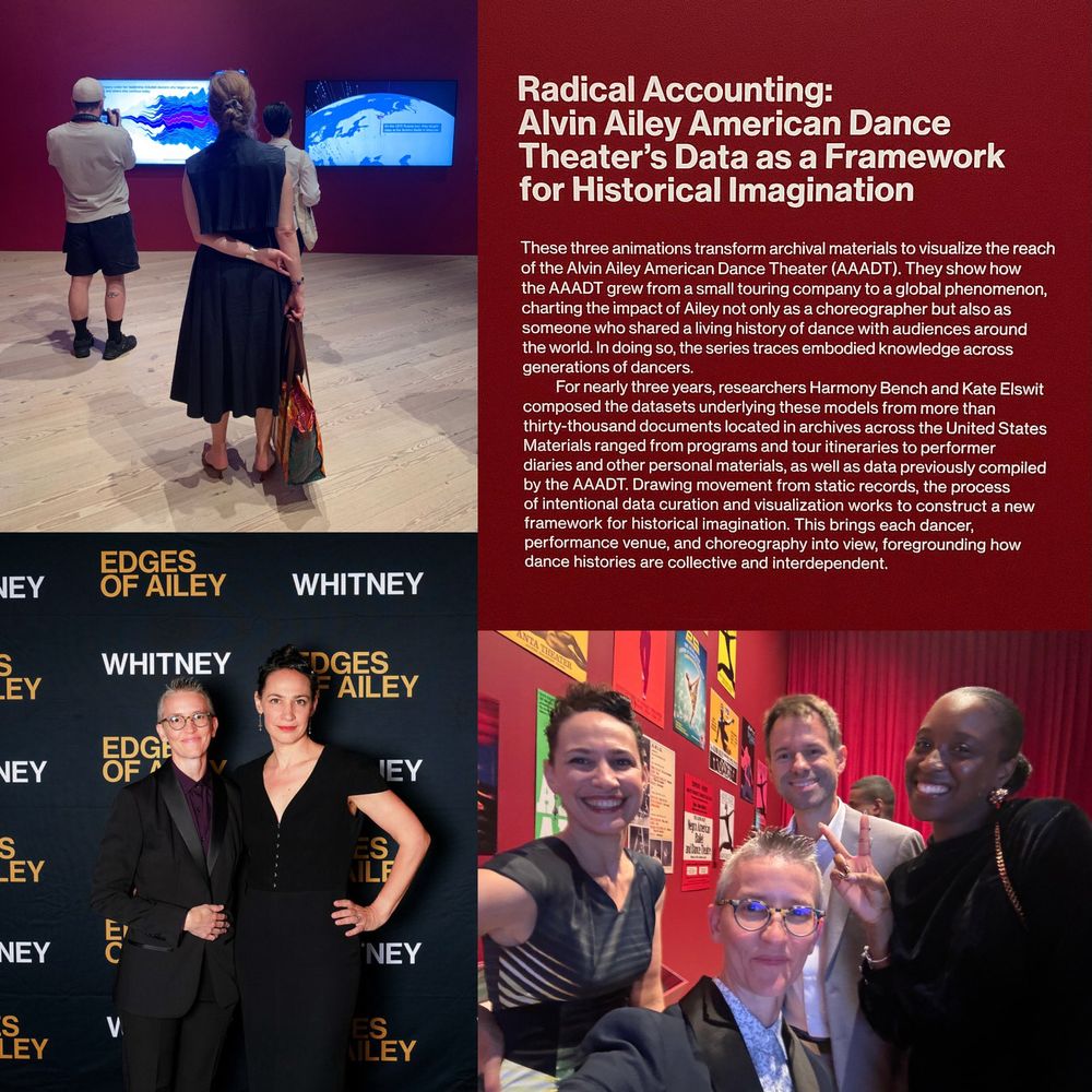 Three people look at data visualisations in a gallery; wall text for the Radical Accounting series; proud researchers dressed up for an opening.