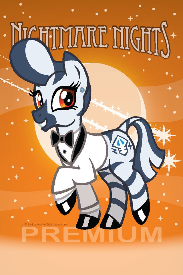 Premium membership badge done for the Nightmare Nights Dallas My Little Pony convention. It features an orange background with a large moon and two shooting stars (for the second year of the convention) and a zebra designed to resemble Janelle Monaé's character, the android performer Cindi Mayweather. Her cutie mark is a pony version of the Skull of Night Thrashings artifact, here glowing blue with existential longing, flanked by two electro glyphs used by Mayweather's android sorority. Art by Joe Rosales.