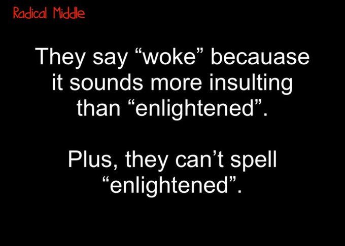 White text on black background.
They say "woke" because it sounds more insulting than "enlightened".
Plus, they can't spell "enlightened".
