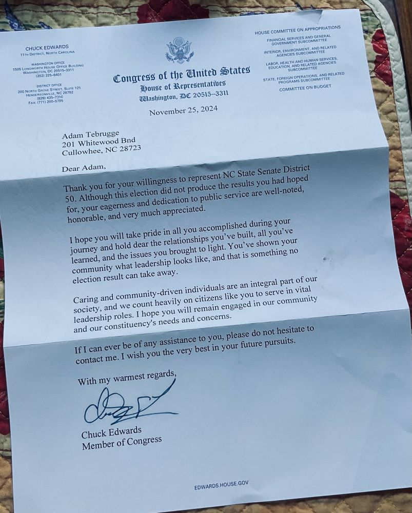 Congressman Edwards sent a letter thanking me for running for the North Carolina Senate. 