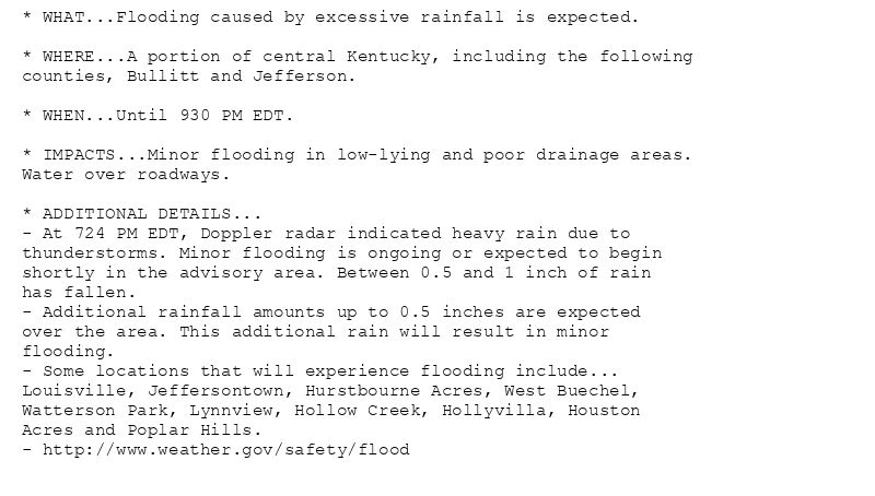 * WHAT...Flooding caused by excessive rainfall is expected.

* WHERE...A portion of central Kentucky, including the following
counties, Bullitt and Jefferson.

* WHEN...Until 930 PM EDT.

* IMPACTS...Minor flooding in low-lying and poor drainage areas.
Water over roadways.

* ADDITIONAL DETAILS...
- At 724 PM EDT, Doppler radar indicated heavy rain due to
thunderstorms. Minor flooding is ongoing or expected to begin
shortly in the advisory area. Between 0.5 and 1 inch of rain
has fallen.
- Additional rainfall amounts up to 0.5 inches are expected
over the area. This additional rain will result in minor
flooding.
- Some locations that will experience flooding include...
Louisville, Jeffersontown, Hurstbourne Acres, West Buechel,
Watterson Park, Lynnview, Hollow Creek, Hollyvilla, Houston
Acres and Poplar Hills.
- http://www.weather.gov/safety/flood