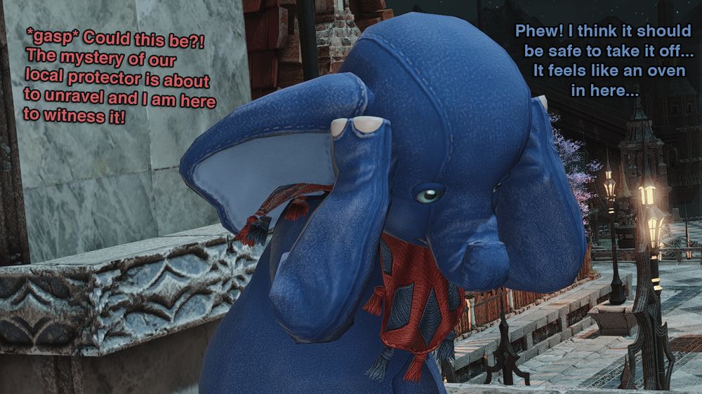 The Azure Elephant is taking off his costume head and off-screen Faar realizes she will finally discover who is the mysterious guardian of the Empyreum. To her surprise, the Elephant seems to be talking to himself about feeling hot in the costume.