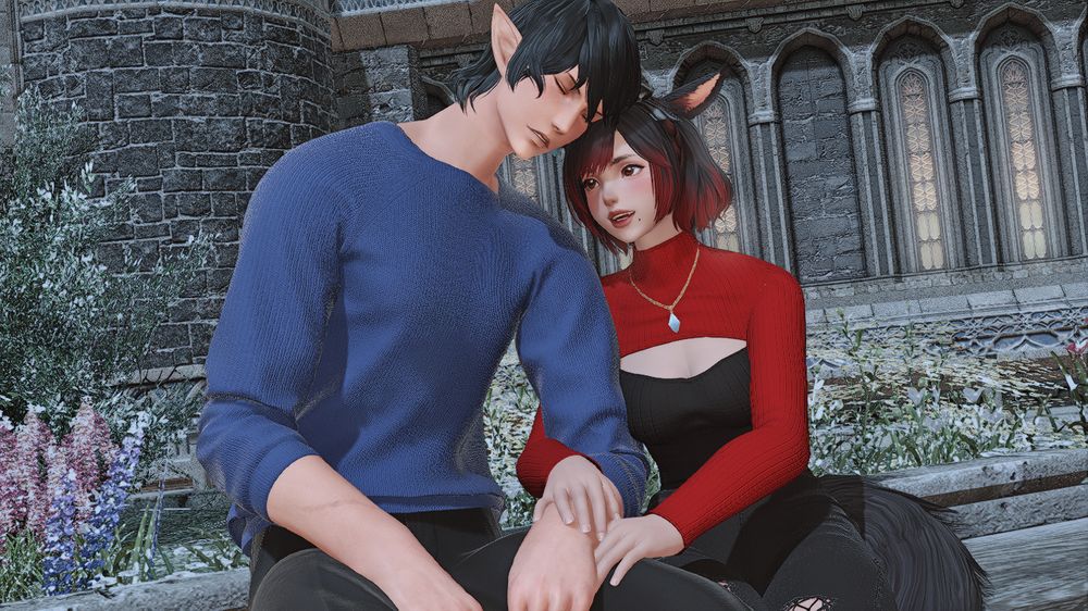 Aymeric falling asleep, leaning on Faar as they sit on the bench in the Empyreum. She's humming a soft lullaby for him.