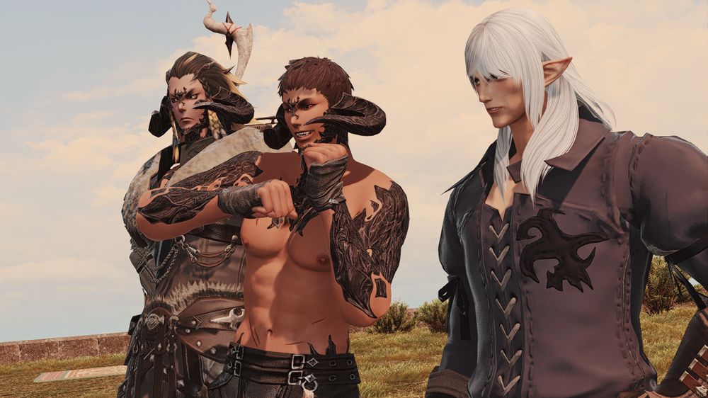 Kenji was eager to join on the fun and tried to convince Estinien to have a round with him. Unfortunately, Estinien wasn't feeling too comfortable about undressing and rubbing their chests like that in front of Kenji's family. 