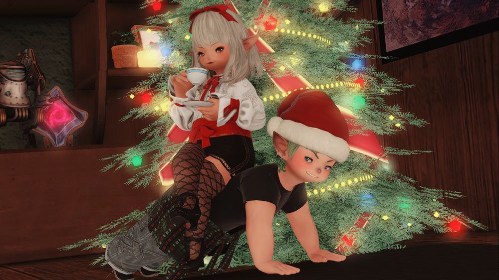 Pagaga in a cute fit sipping tea while sitting on Viri's back as he's on all fours in front of the Starlight tree. They're both looking smug at each other.