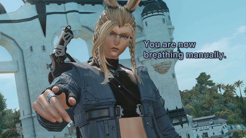 Deu pointing at you with unimpressed expression, making you aware of your own breathing. 