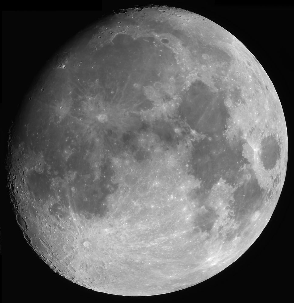 Moon portrait taken as a mosaic of stacked images captured by a $60 camera eyepiece on a $150 telescope.