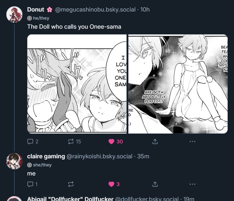 Cropped screenshot of a thread on here that starts with a pair of manga screenshots (posted by Donut, or meguca​​shinobu). Accompanying text reads: "The Doll who calls you Onee-sama."
A reply (by claire gaming, or rainy​​koishi) reads, pretty straightforwardly: "me."
A reply to *that*, just out of frame, is provided by an ominous entity called the Dollfucker.