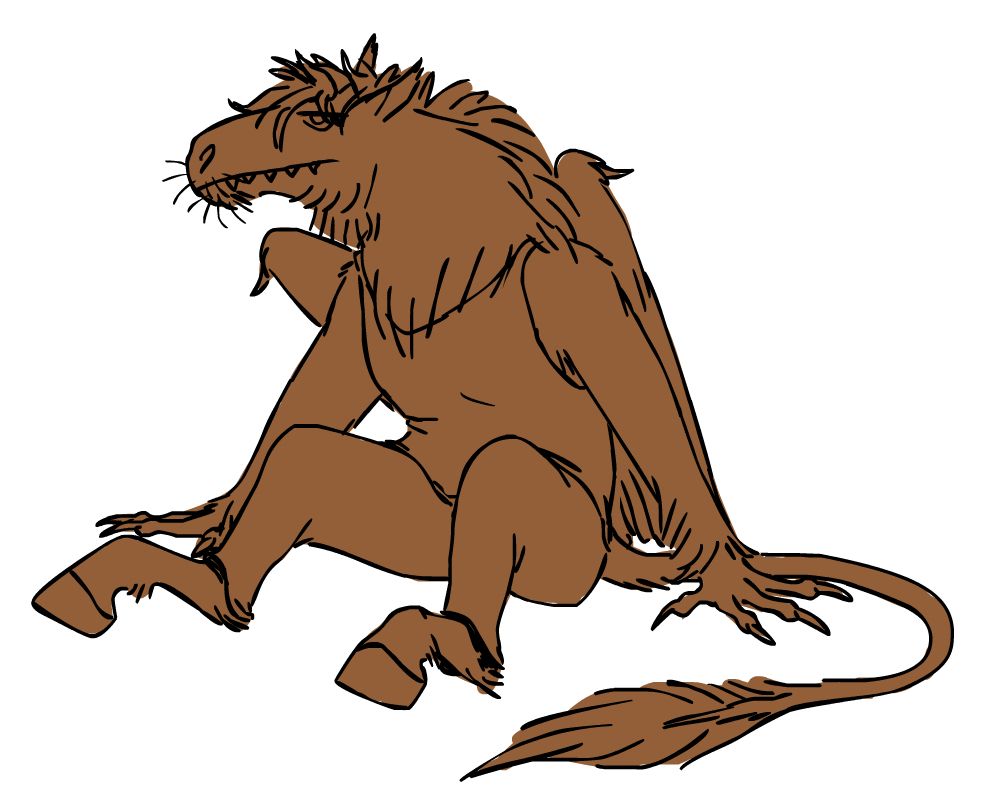 A digital sketch flatly colored in solid brown of an anthropomorphic winged horse in a tank top and leggings with short forward-facing horns, a long toothy mouth, a lion tail, and claws for hands sitting hunched on a blank background with a blank expression.