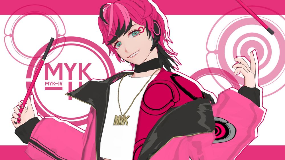 チルドレンレコード cover.MYK-IV【MMDモデル配布あり】のサムネイルです。
MYK-IVのバストアップ画像の背景に、彼のロゴや衣装に使われてるマークがあしらわれています。